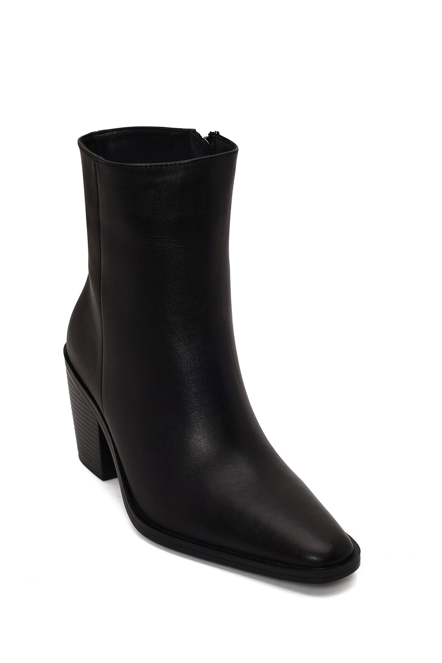 Woman Black Zip Closure Thick-Heeled Leather Boots