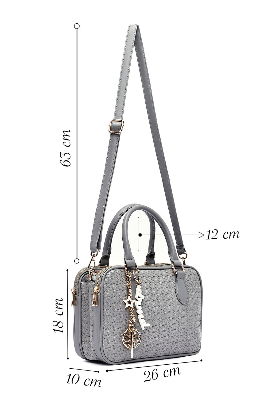 Woman Grey Long Strap Printed Charm Shoulder Bag