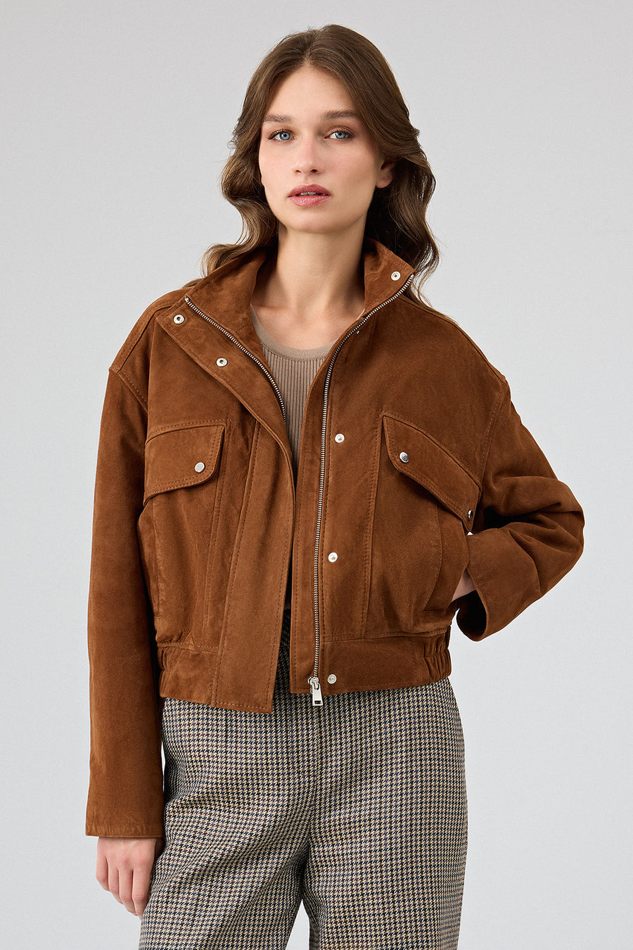 Anita Women's Brown Oversize Short Suede Leather Jacket 25WGD53301B | Derimod