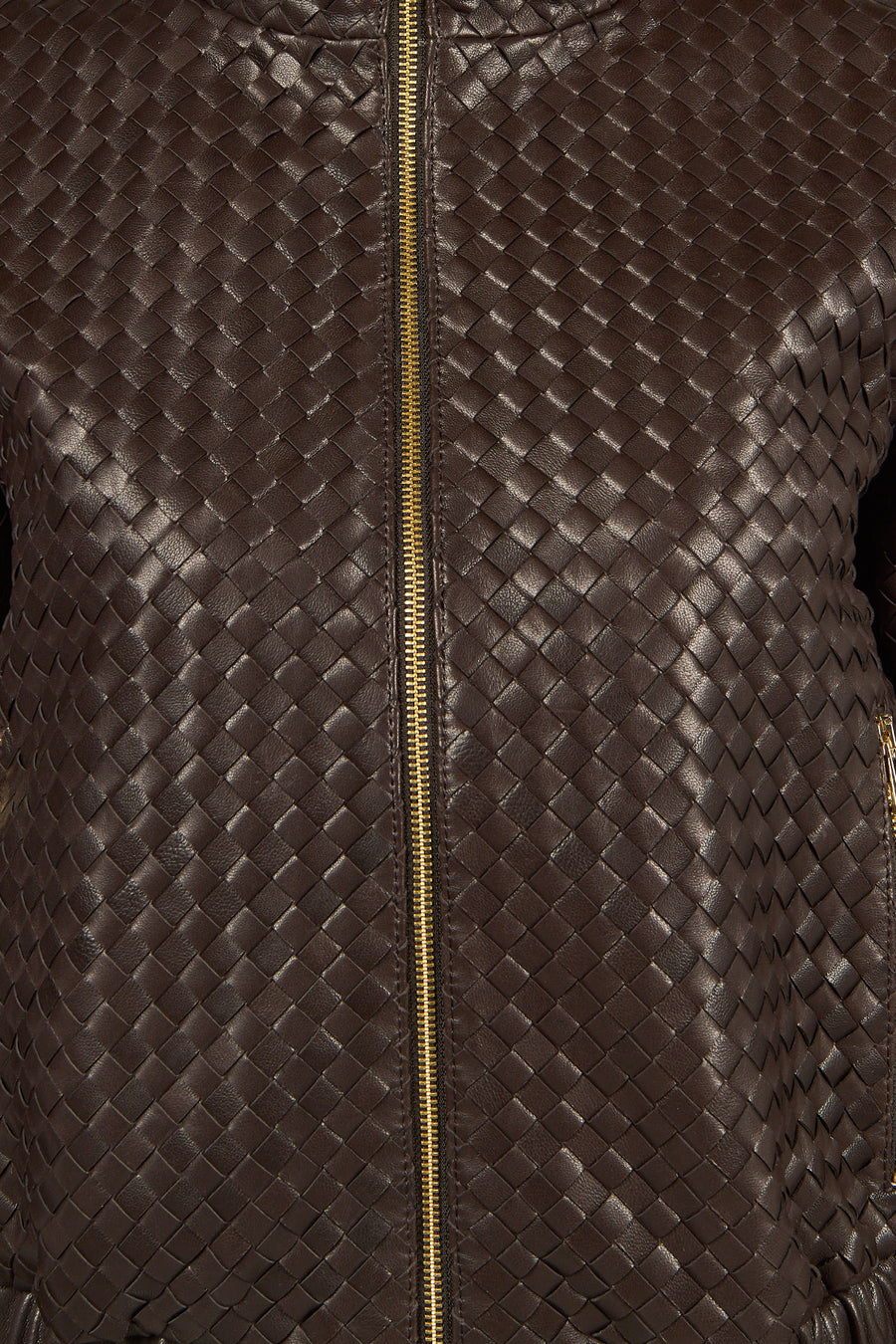 Della Woman Brown Woven-Pattern Short Leather Jacket