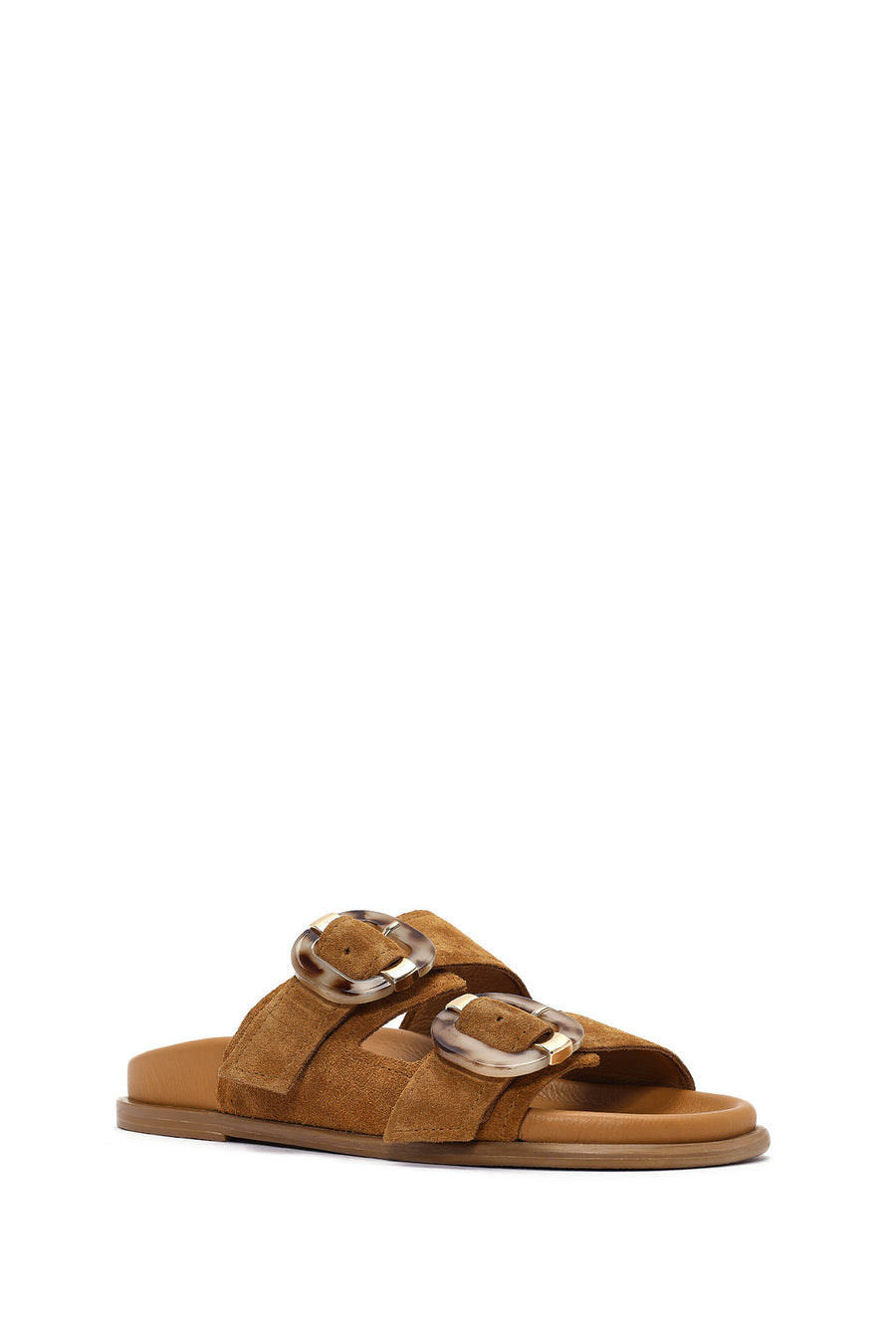 Women's Tan Double Buckle Suede Leather Slippers