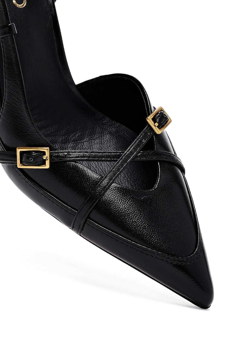 Women's Black Ankle Buckle Open Back Thin Heel Leather Shoes
