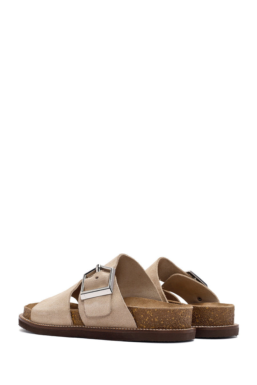 Women's Beige Buckle Suede Leather Slippers