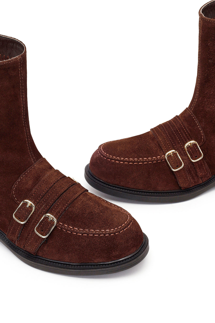 Woman Brown Buckled Suede Boots