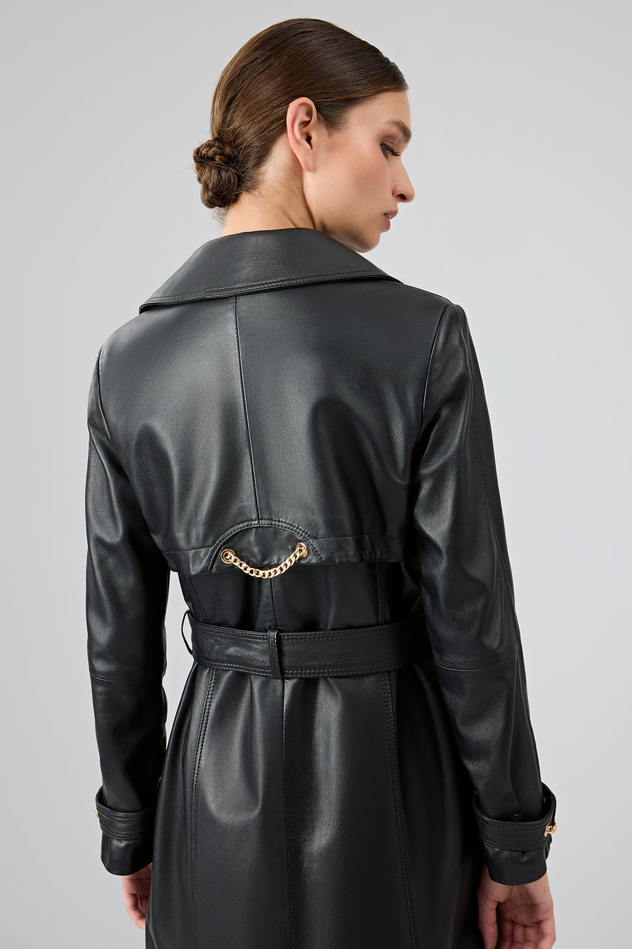 Jenny -X Women's Black Belt Detailed Leather Trench Coat