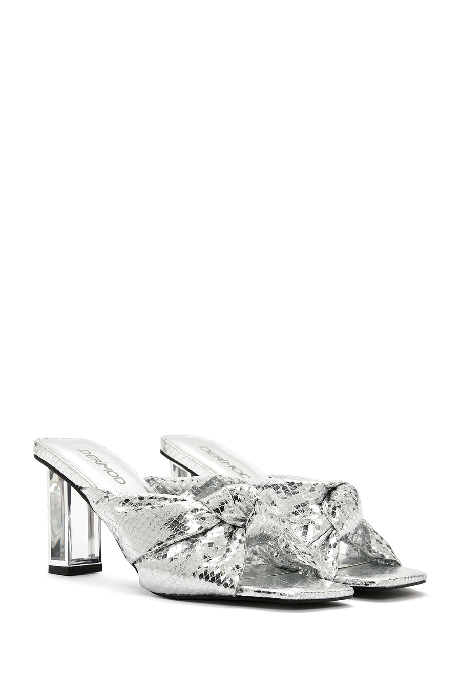 Women's Silver Transparent Thick Heeled Metallic Slippers