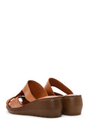 Women's Tan Leather Wedge Heel Comfort Slippers | Derimod