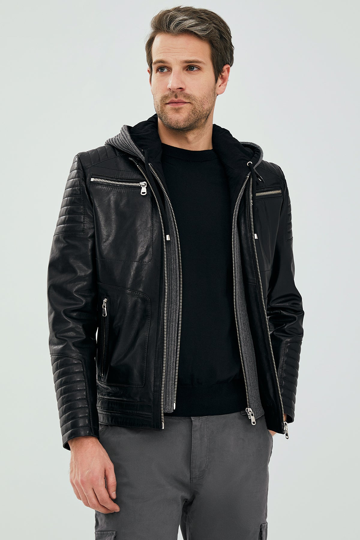 Danger Black Men's Hooded Sports Leather Jacket 23SGD6475VE | Derimod