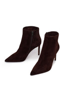 Woman Brown Zip Closure Thin-Heeled Suede Boots | Derimod