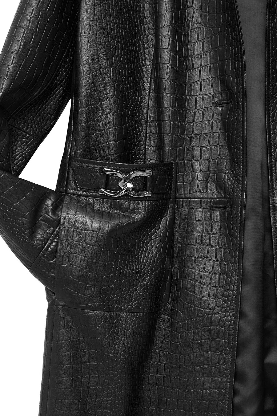 Colette Women's Black Crocodile Patterned Leather Coat