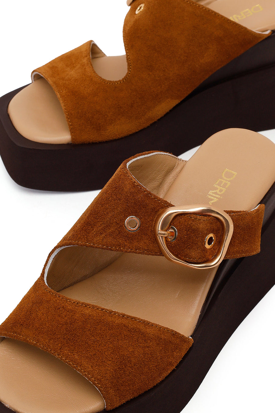 Woman Tan Buckled Wedge Heel Suede Slipper