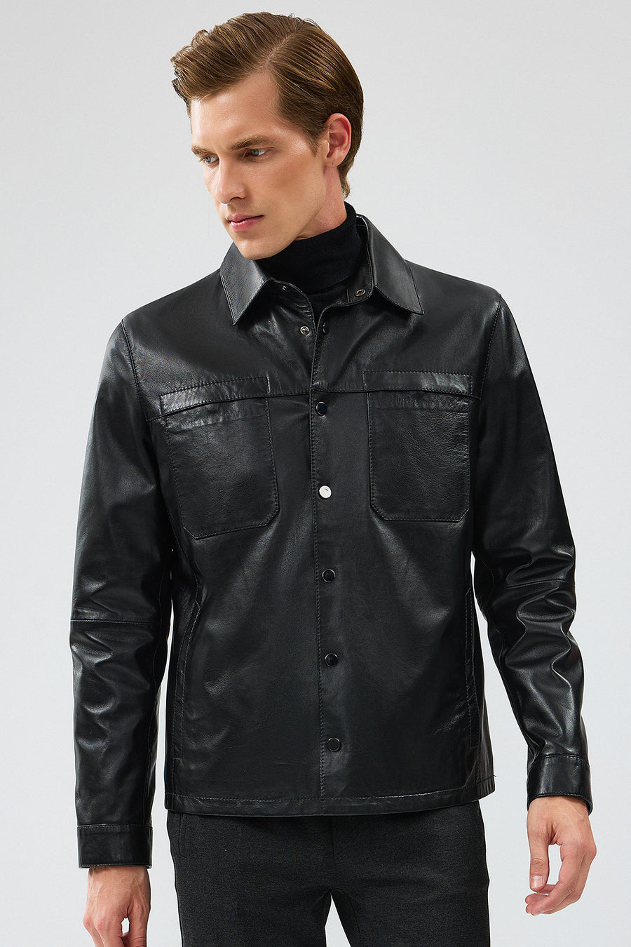 Enzo Men's Black Shirt Collar Leather Jacket