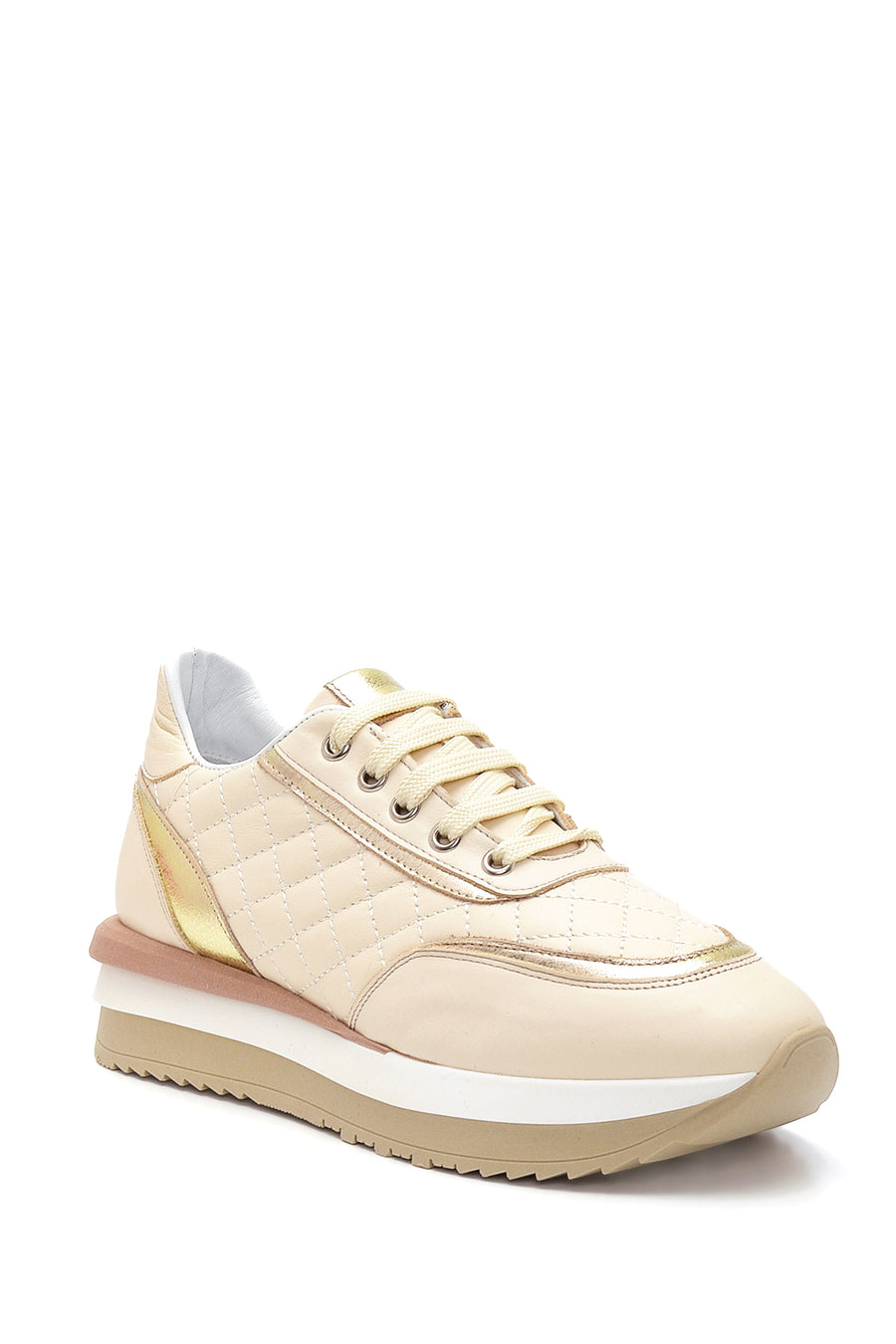 Kadın Bej Deri Kalın Tabanlı Sneaker