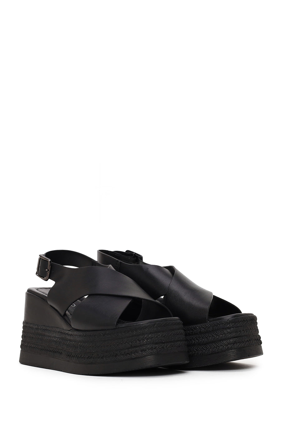 Woman Black Ankle-Buckle Wedge-Heel Leather Sandal