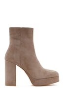 Women's Mink Thick Heeled Zippered Suede Leather Boots | Derimod