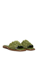 Women's Green Suede Leather Knitted Flat Slippers | Derimod