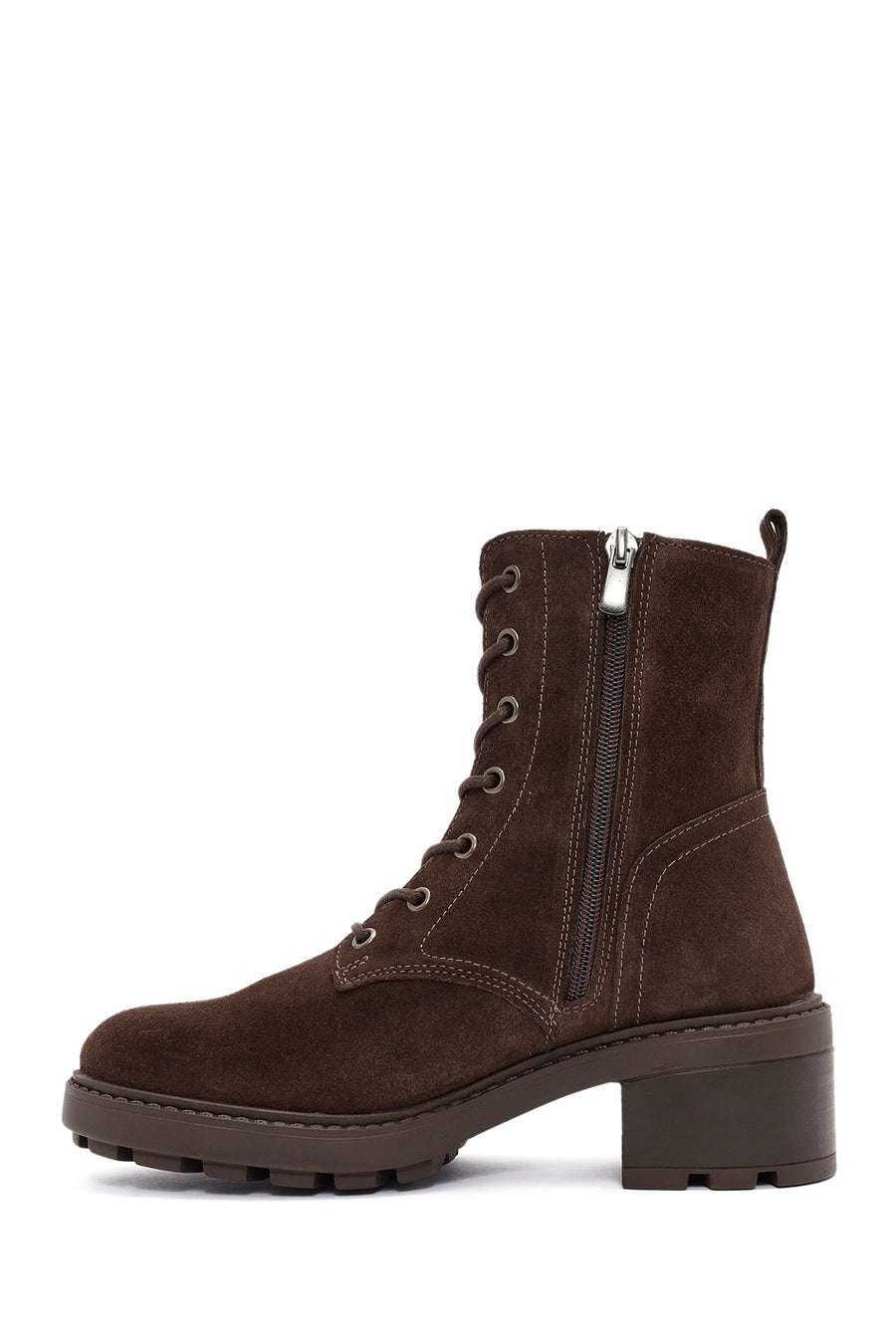 Women's Brown Zippered Thick Heel Nubuck Leather Boots
