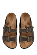 Men's Khaki Double Buckle Nubuck Leather Slippers | Derimod