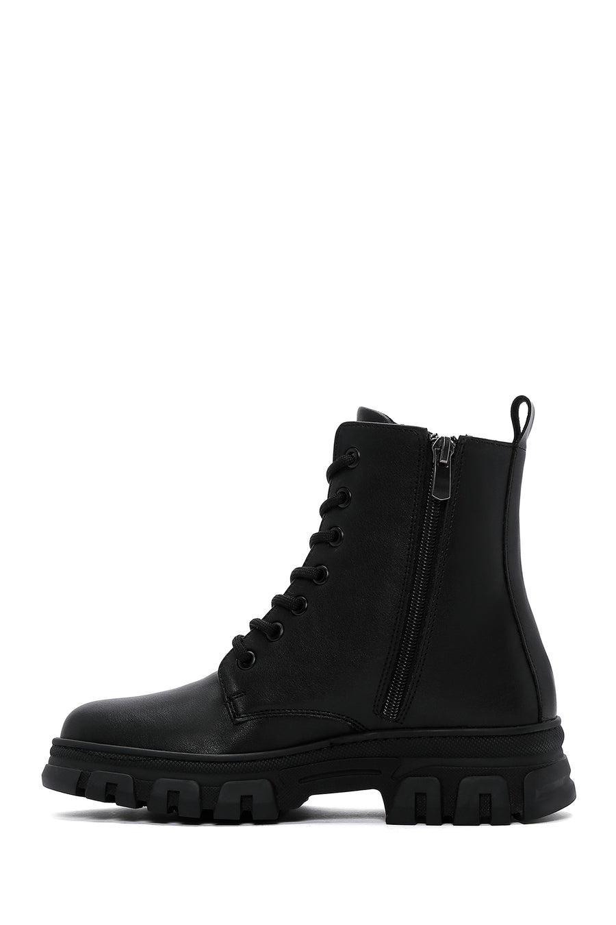 Women's Black Lace-Up Zipper Detailed Combat Boots