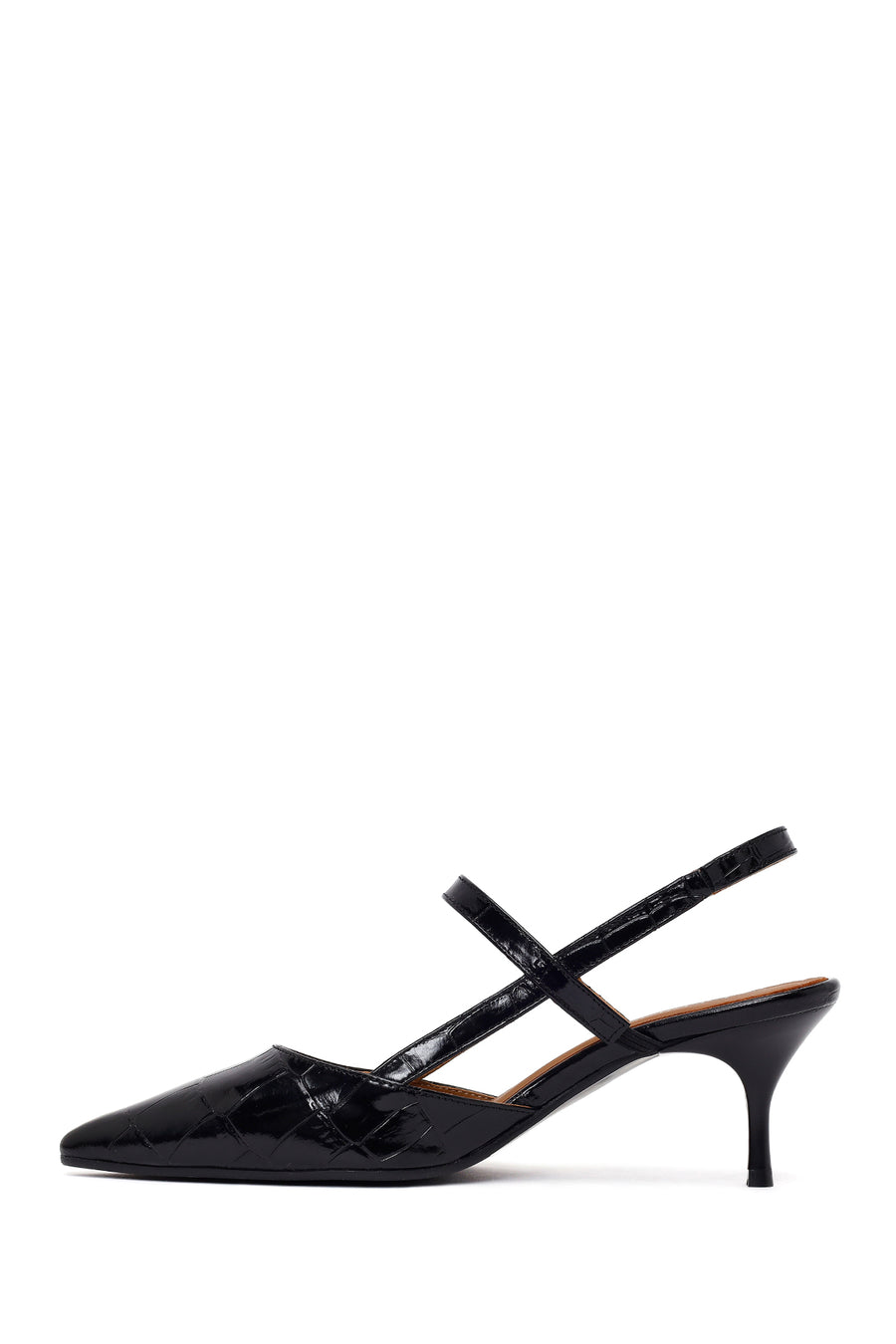 Woman Black Open-Back Thin-Heeled Croc-Embossed Leather Shoes