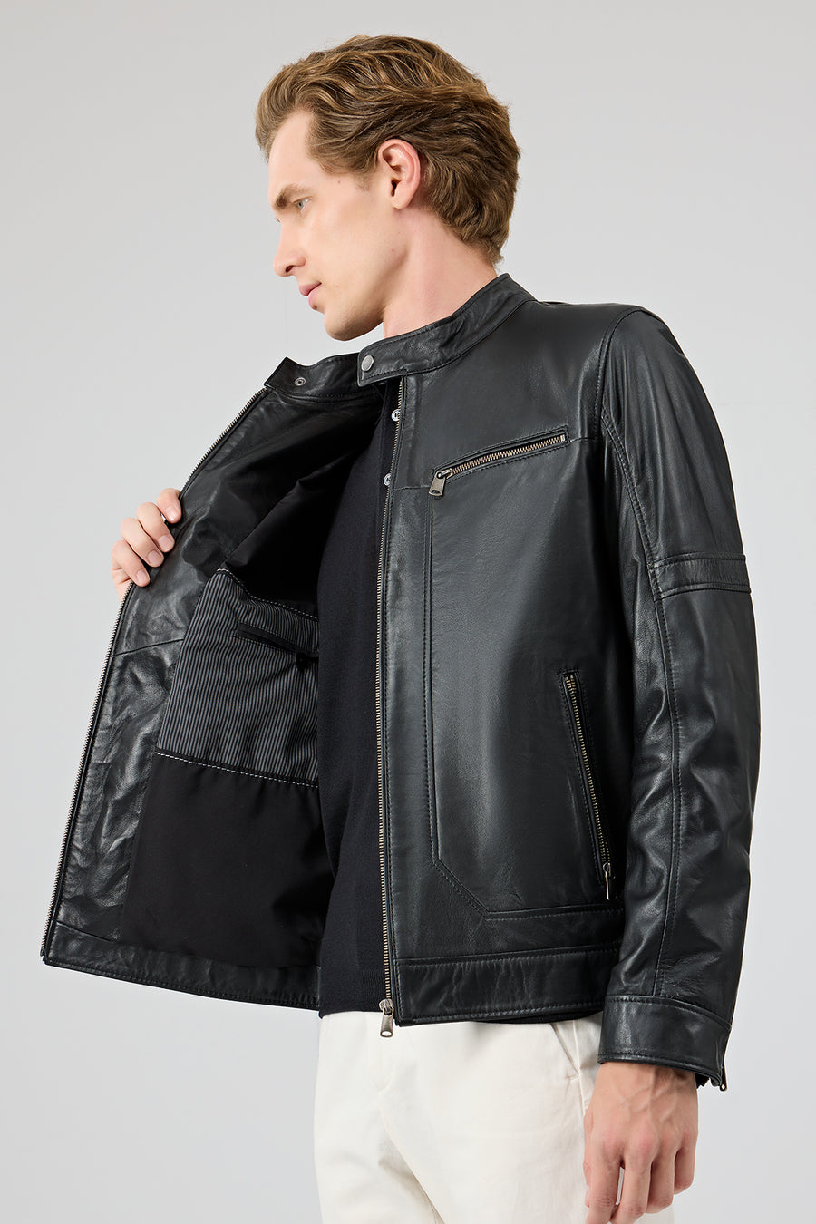 Patrick Men's Black Judge Collar Leather Jacket
