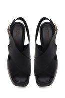 Woman Black Back Buckle Wedge Heel Leather Sandals | Derimod