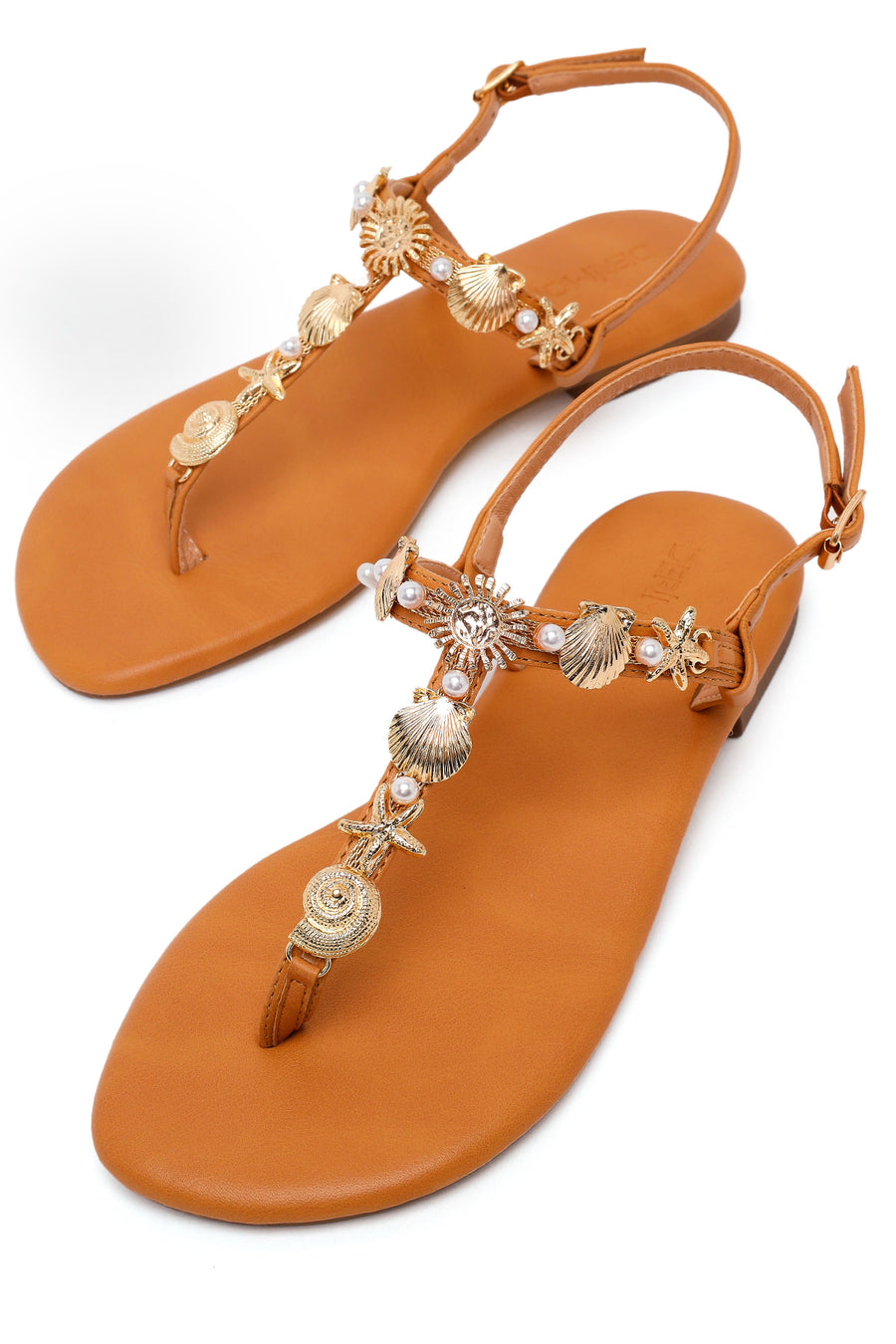 Woman Tan Ankle-Buckle Toe-Post Embellished Sandal