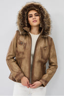 Meggy Women's Beige Hooded Furry Leather Jacket | Derimod