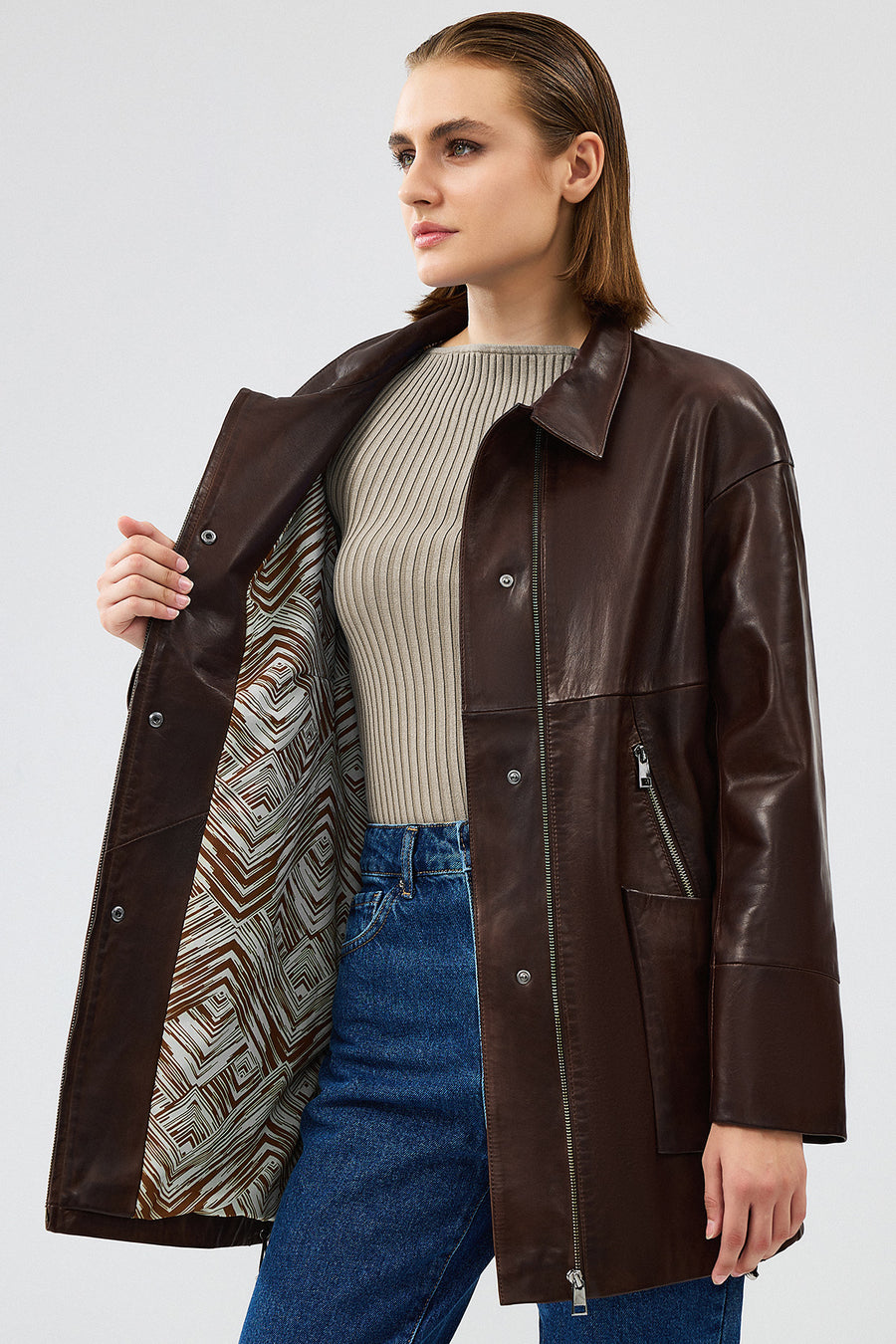 Dalida Women's Brown Oversize Leather Jacket