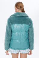 Miami Women's Green Plush Puffer Leather Jacket | Derimod