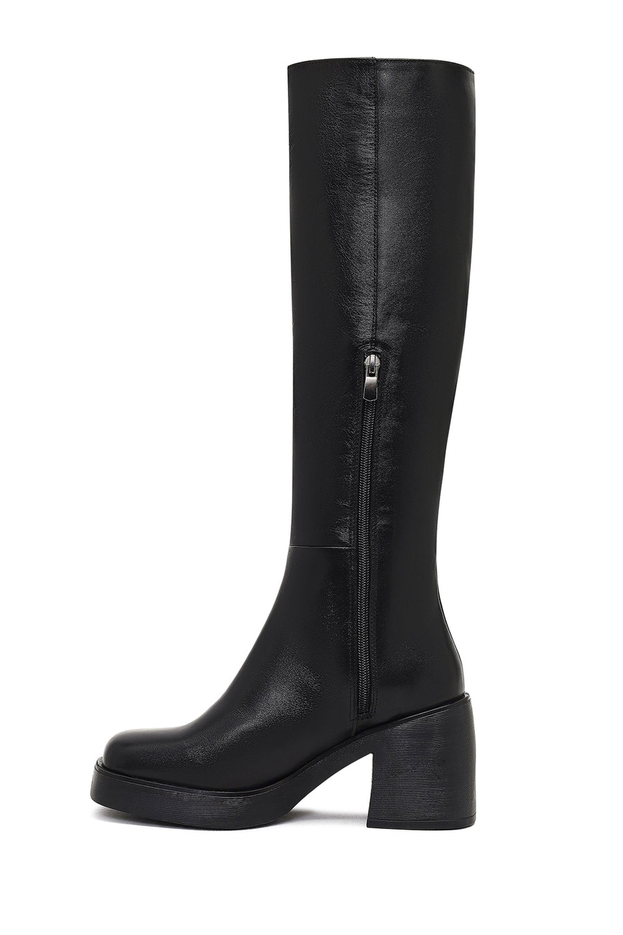 Woman Black Zip Closure Chunky Heeled Leather Boots