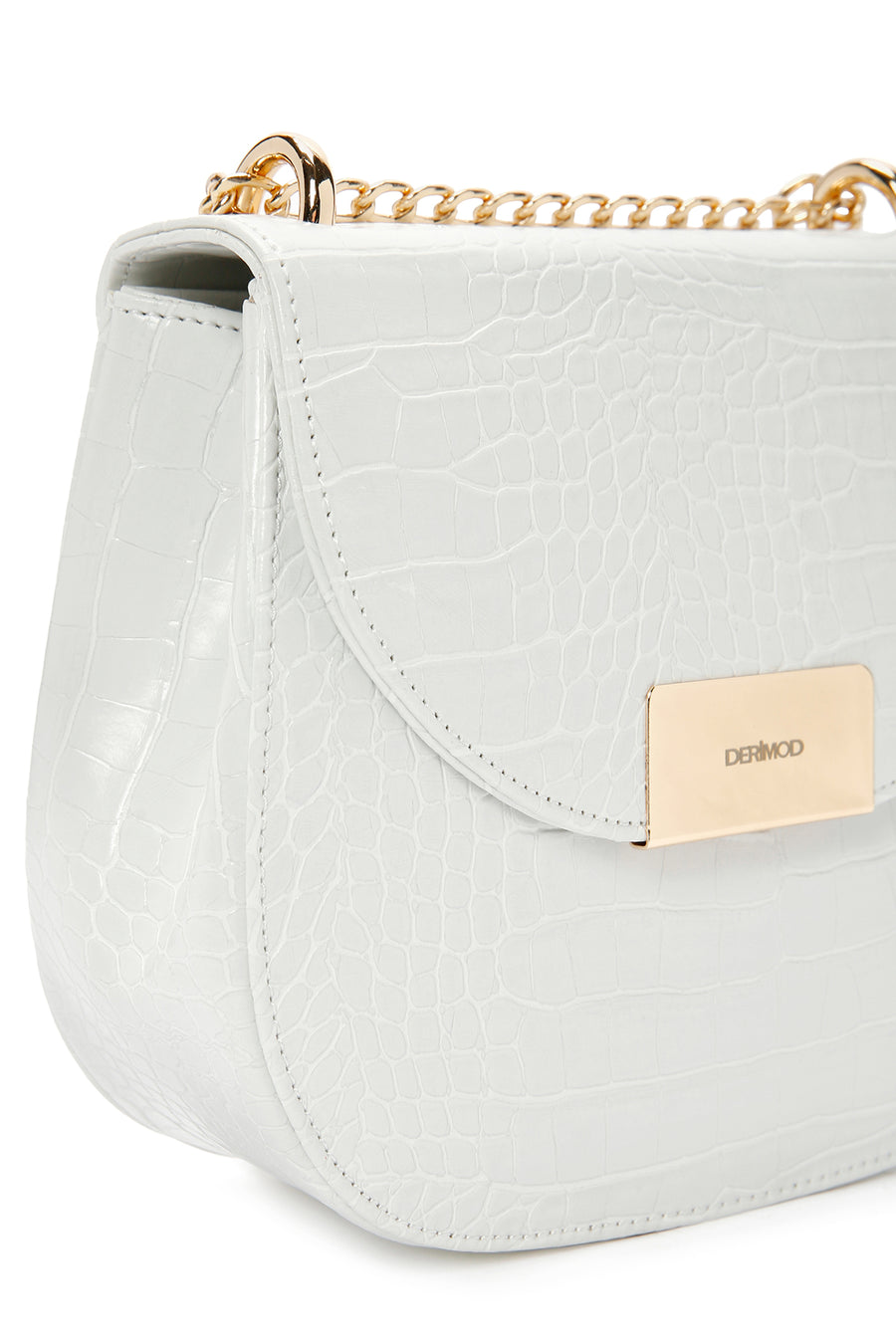Women's White Long Chain Strap Crocodile Patterned Shoulder Bag
