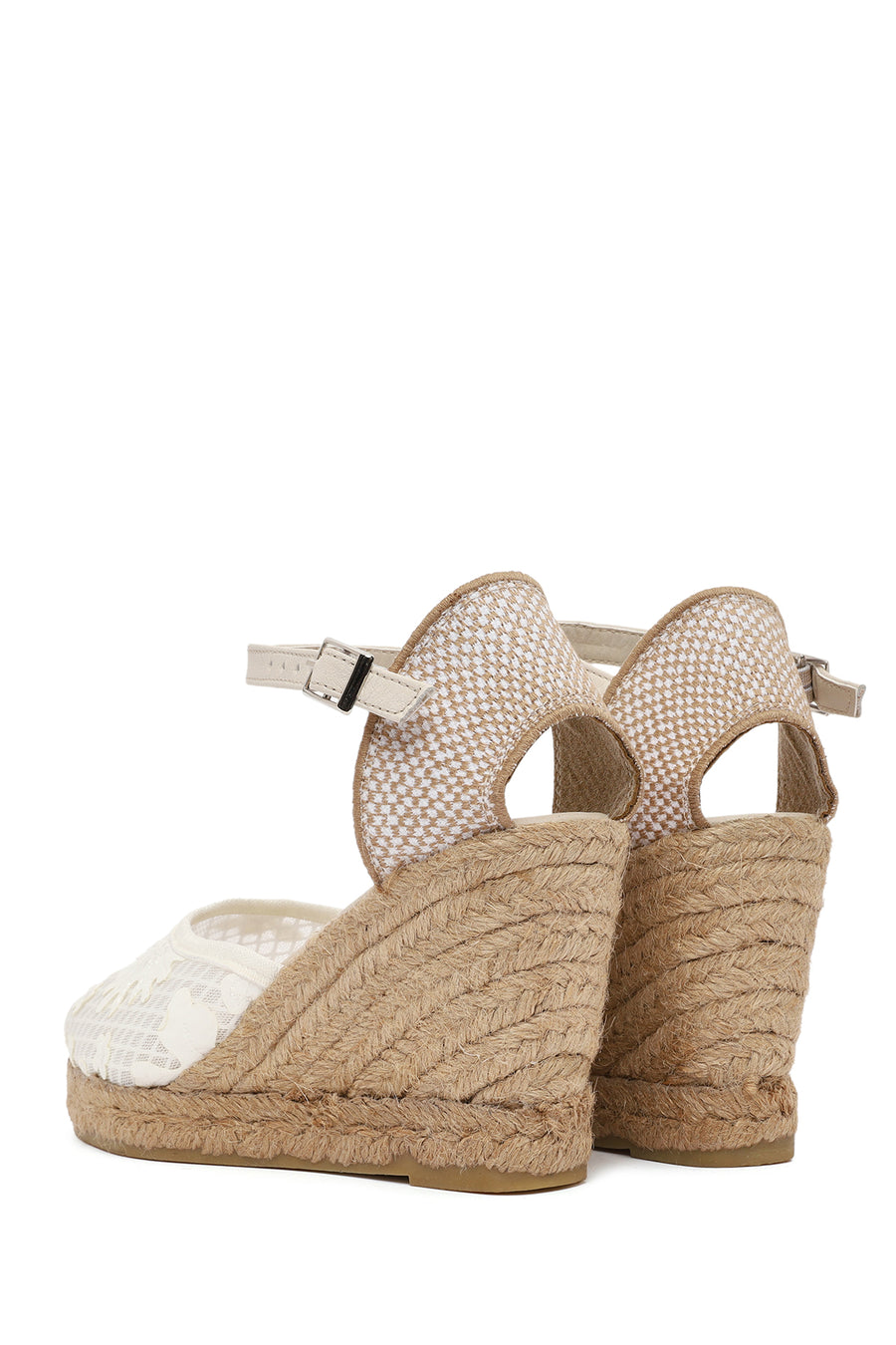 Women's Cream Ankle Strap Patterned Wedge Heel Espadrilles