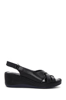 Women's Black Leather Wedge Heel Comfort Sandals | Derimod