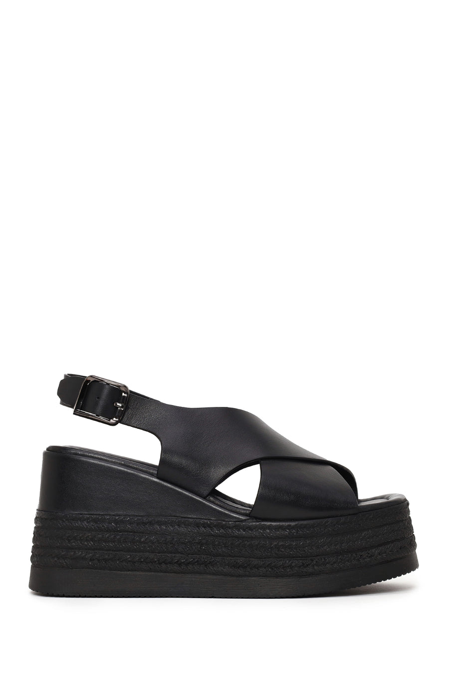 Woman Black Ankle-Buckle Wedge-Heel Leather Sandal 26SFD152918 | Derimod