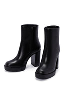 Women's Black Zippered Thick Heeled Leather Boots | Derimod