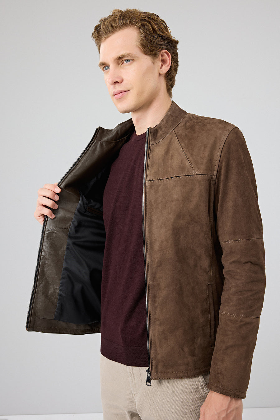 Neymar Men's Chestnut Man Collar Slim-Fit Suede Leather Jacket