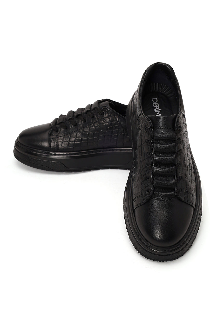 Erkek Siyah Bağcıklı Kalın Tabanlı Kroko Desenli Deri Sneaker