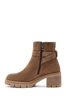 Women's Brown Zippered Thick Heel Suede Leather Boots | Derimod