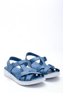 Women's Blue Leather Casual Flat Sandals | Derimod