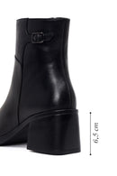 Woman Black Zip Closure Thick-Heeled Leather Boots | Derimod