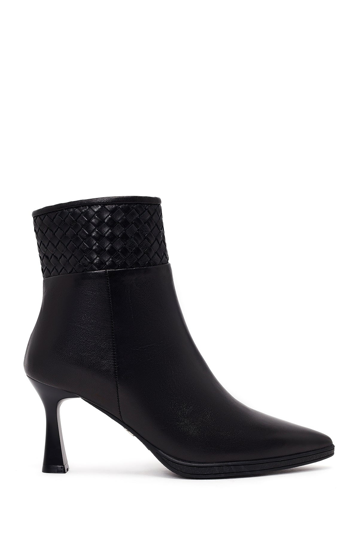 Woman Black Zip Closure Braided Thin-Heeled Leather Boots AF530015DV | Derimod