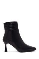 Woman Black Zip Closure Braided Thin-Heeled Leather Boots | Derimod