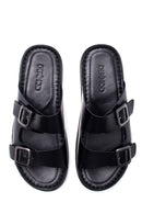 Men's Black Leather Double Buckle Slippers | Derimod