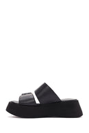 Women's Black Thick Soled Leather Slippers | Derimod