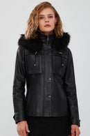 Elenor Women's Black Hooded Fur Leather Jacket | Derimod