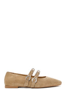 Women's Mink Double Buckled Suede Leather Ballerina | Derimod