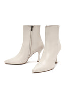 Women's Cream Zippered Thin Heel Leather Boots | Derimod
