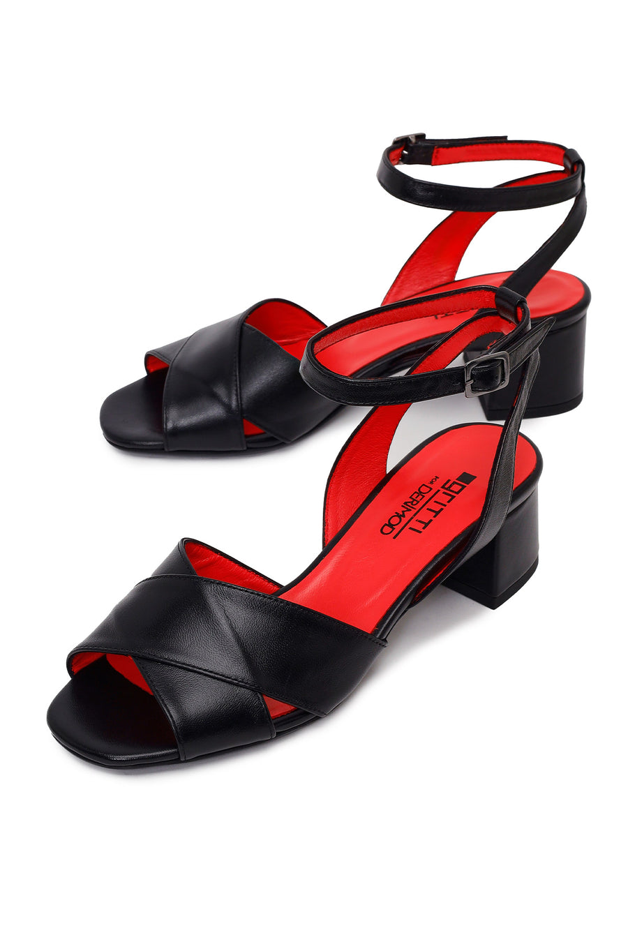 Derimod Gritti Woman Black Ankle-Buckle Short Chunky-Heel Leather Sandal