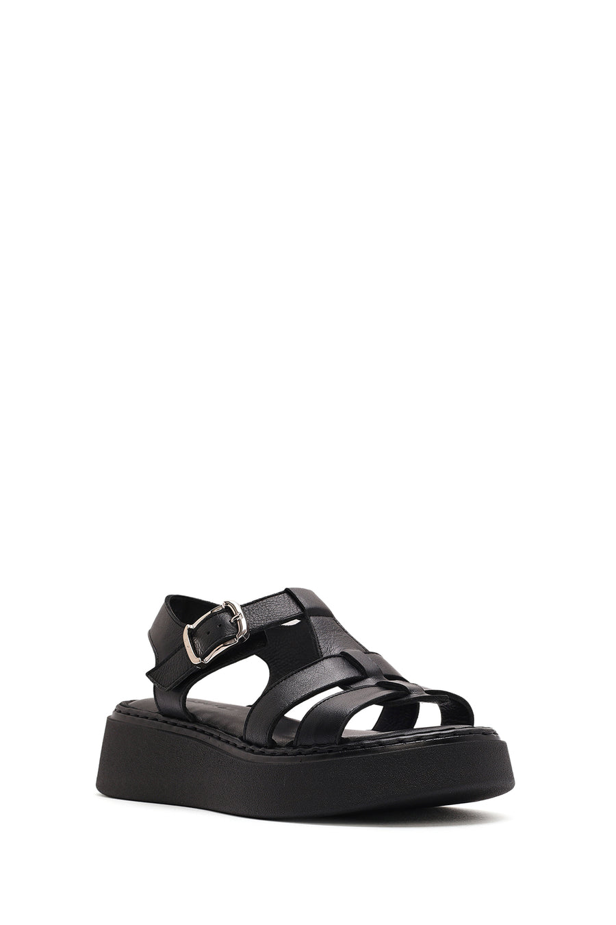 Women's Black Buckled Thick Soled Leather Comfort Sandals